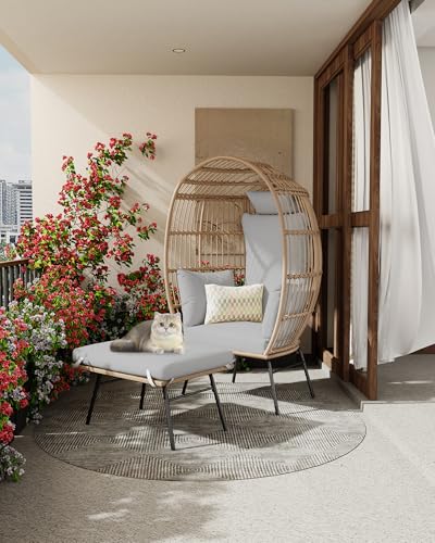 Oversize Wicker Egg Chair With Ottoman, Egg Basket Lounge Chair With Thick Cushion, Comfy Egg Rattan Seat for Indoor Outdoor Patio Porch Backyard