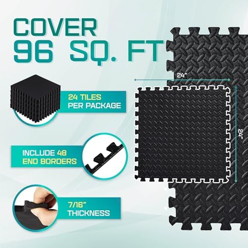 Yes4All 24SQFT-120SQFT Puzzle Exercise Mat for Home Gym, EVA Interlocking Foam Floor Tiles with Border for Workout Equipment