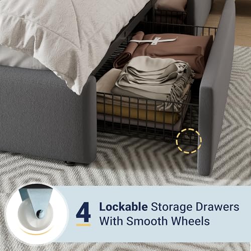 Allewie Modern Full Size Platform Bed Frame with 4 Storage Drawers and Velvet Upholstered Headboard, Wooden Slats Support