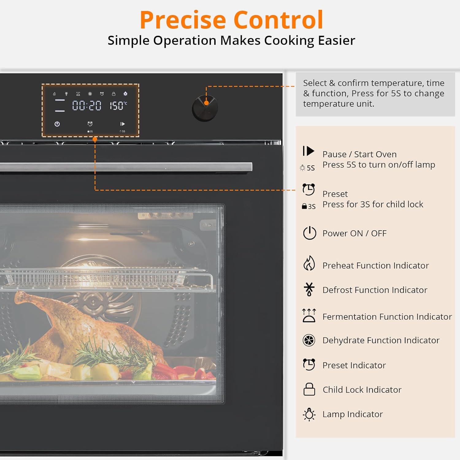 24" Single Wall Oven, Built-in Electric Ovens with 11 Cooking Modes, 3000W, 240V, 2.5 CF Convection Built-in Oven, Stainless Steel, Touch Control