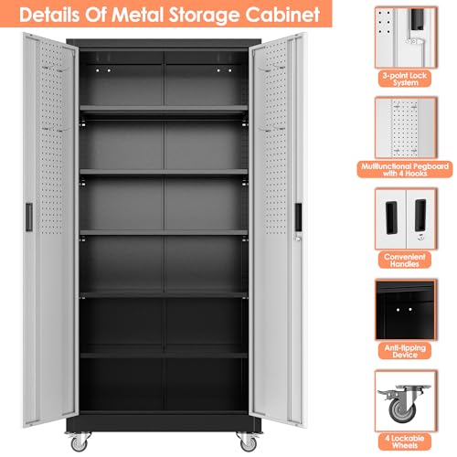 Aobabo 71" H×32" W×16" D Metal Storage Cabinet with Wheels, Garage Steel Storage Cabinet with 5 Adjustable Shelves and 4 Hooks for Home Office