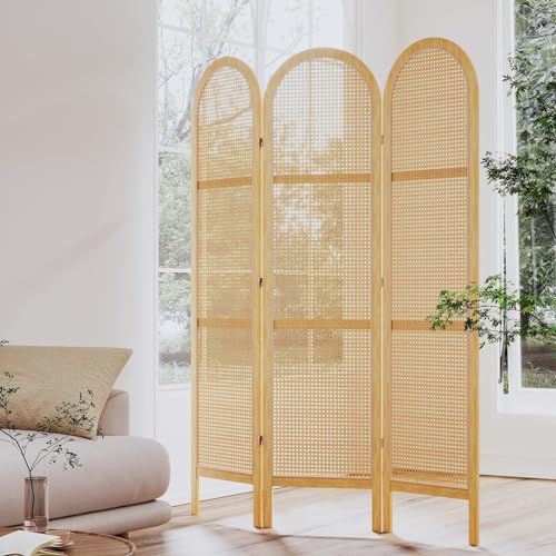 Room Divider and Folding Privacy Screens, Pine Wood 5.6 Ft Double Hinged Rattan Partition Freestanding Wall Room Divider for Home - 3 Panels