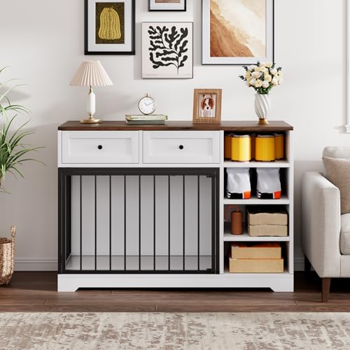 IDEALHOUSE 47” Large Dog Crate, Dog Kennel Indoor with 2 Drawers and 4 Shelves, Dog Crate Furniture TV Stand, Wooden Dog Cage for Medium Large Dogs