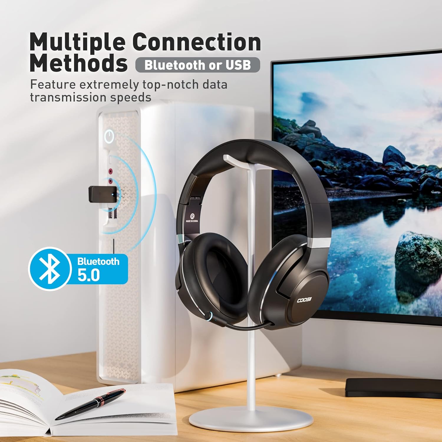 COOSII H300 Wireless Headphones Bluetooth with Microphone, Over Ear Headsets with Environmental Noise Cancelling Retractable Mic