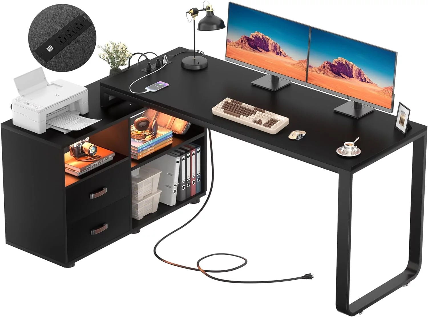 L Shaped Desk with File Cabinet & Power Outlet, Reversible 55 Inch Large Corner Computer Desks with LED Strip