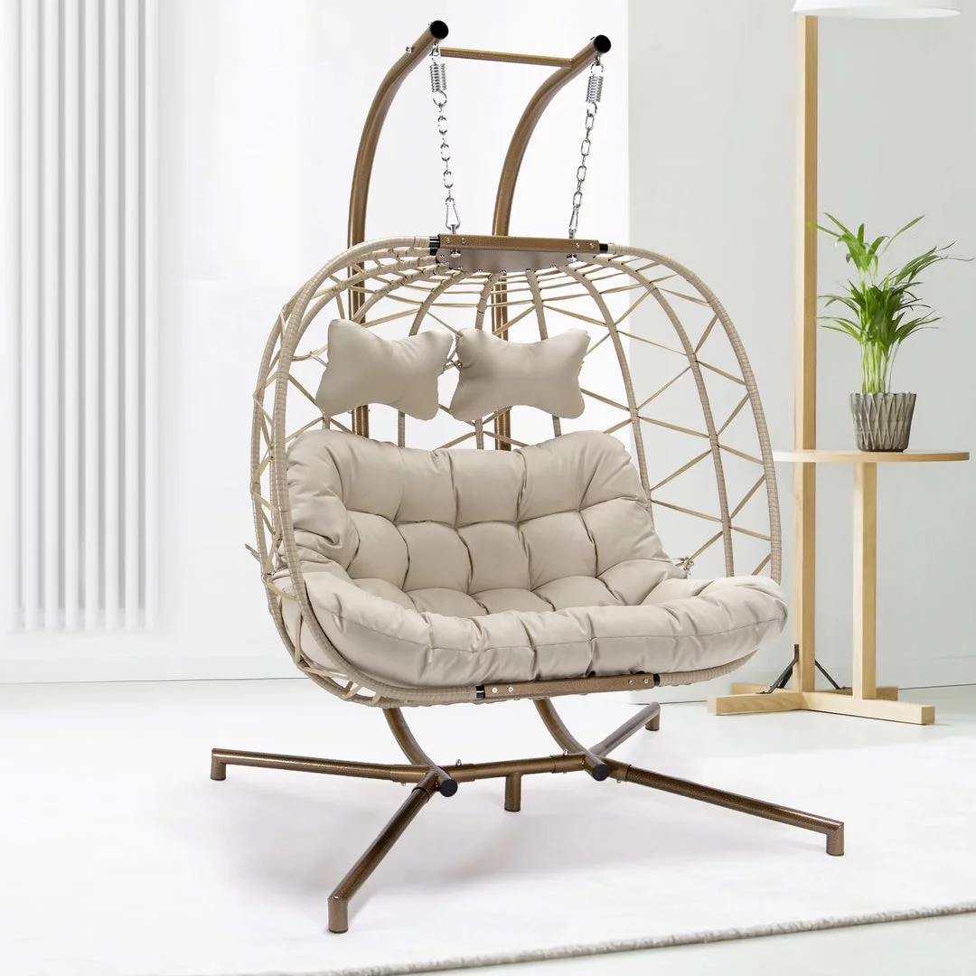 NICESOUL Beige Double Egg Chair With Stand, Wicker Luxury Patio Loveseat For Two Persons, 500 lbs Max weight - Radiant Selections