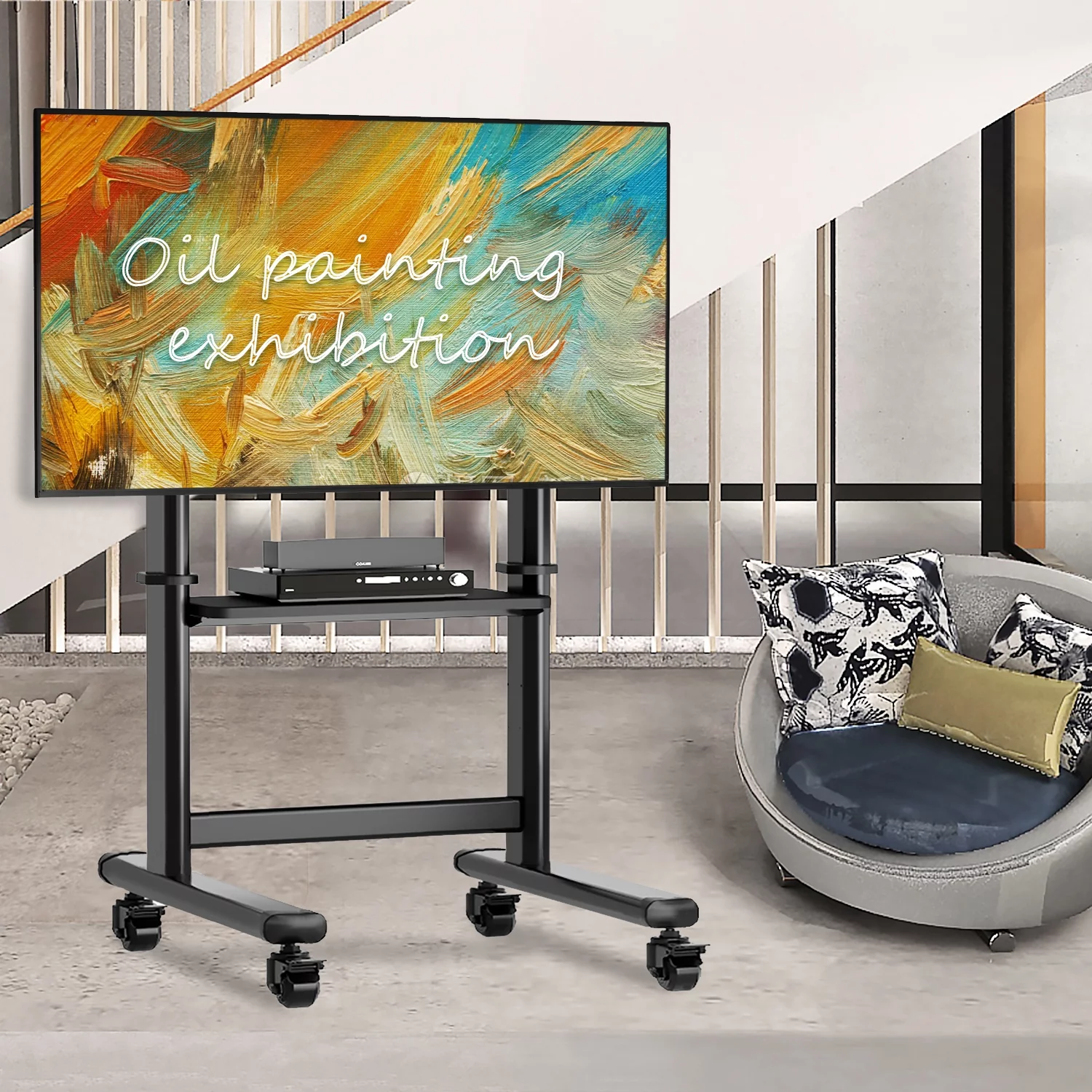 Black Mobile TV Stand Rolling TV Cart for 55 to 90 inch Flat Screen TVs，Holds Up to 200lbs