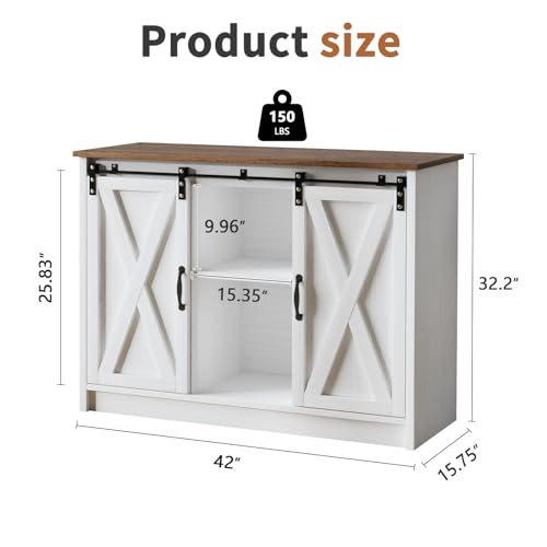 4 EVER WINNER Coffee Bar Cabinet with Sliding Barn Doors, 42” Sideboard Buffet Cabinet with Storage