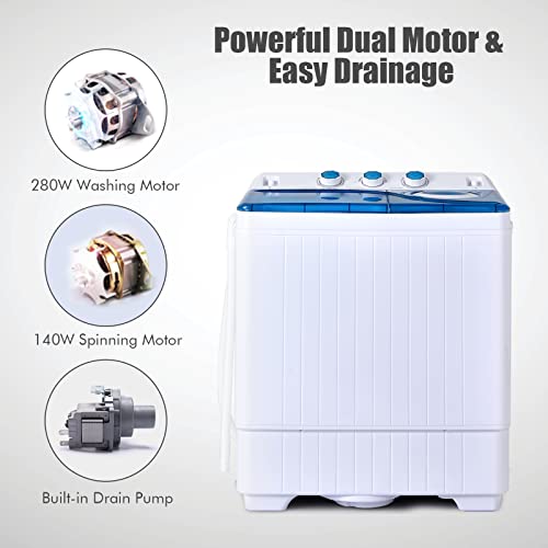 COSTWAY Portable Washing Machine, Twin Tub 26lbs Capacity Laundry Washer, 18lbs Washer and 8lbs Spinner Combo with Timer Knobs, Built-in Drain Pump