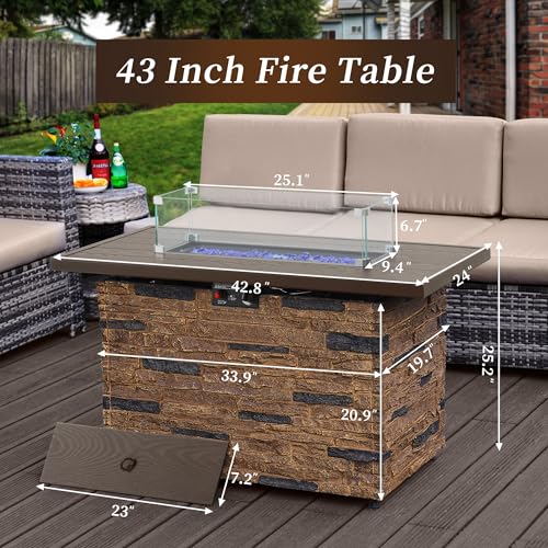 43¡± Propane Fire Pit Table Outdoor Rectangular Stone Firepit Table 50,000 Btu Propane Fire Tables for Outside Patio with Glass Wind Guard, Lid