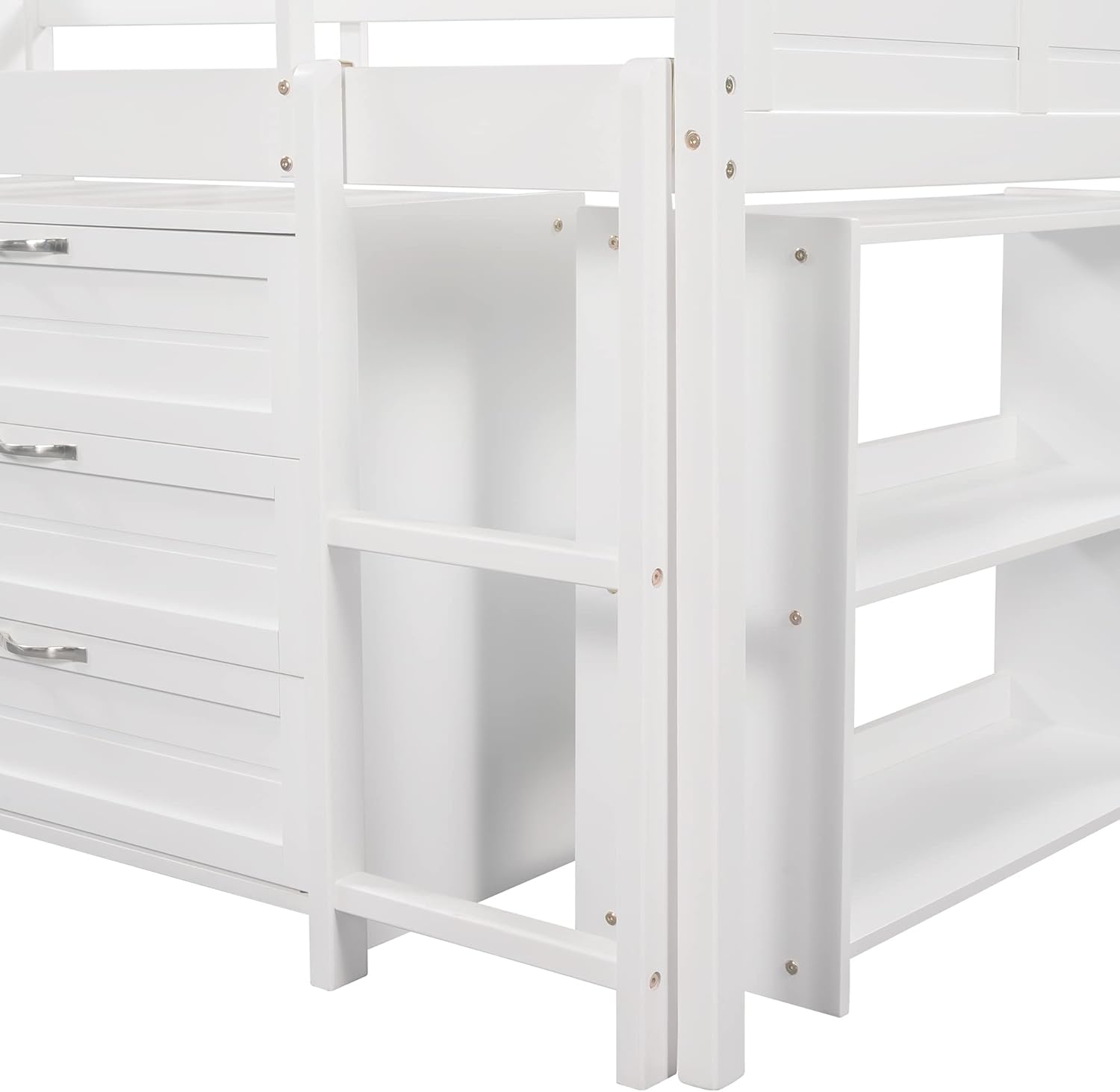Twin Low Loft Bed with Slide, Storage Cabinets Drawers and Shelves, Wooden Space-Saving Loftbed Frame, for Kids Teens Bedroom, White