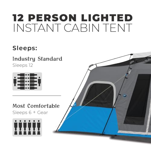 CORE Instant Cabin Tents with LED Lights | 6 Person / 9 Person / 12 Person Family Multi Room Lighted Pop Up Tents for Camping | Included Storage