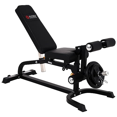 Altas Strength Adjustable Utility Bench Three Workout Stations In One Home Gym With Leg developer Preacher Curl Attachment Smith Machine Light