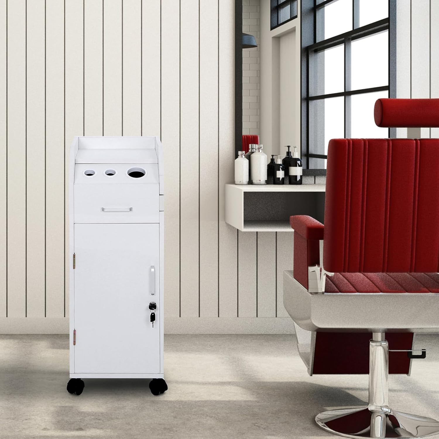 Rolling Hair Salon Storage Cart with Wheels & 3 Hair Dryer Holders & Drawers & Lock Hairdressing Tools Station Mobile Makeup Case SPA Utility Trolley