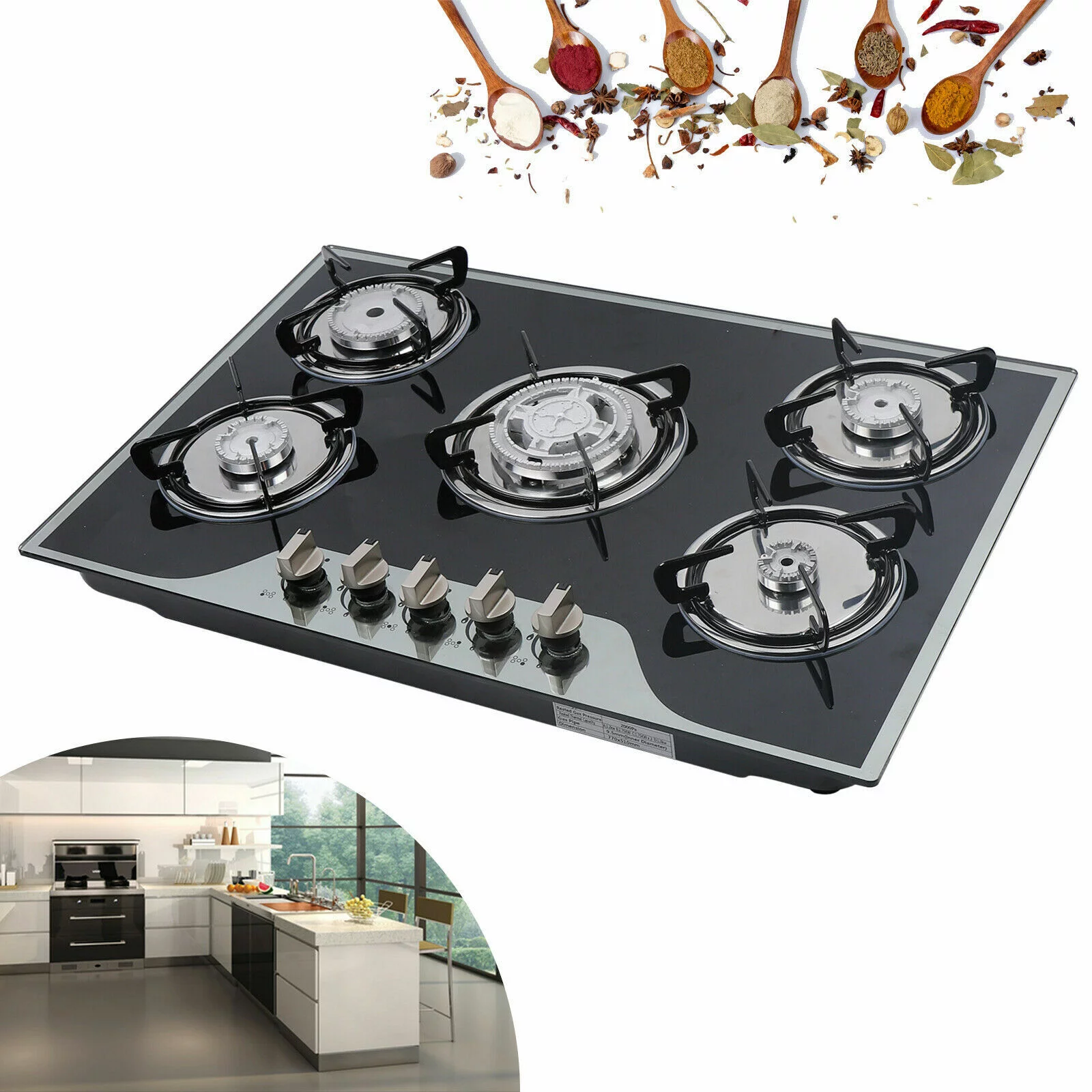 30" Stainless Steel Gas Stove, 5 Burner Built-in Stoves Gas Cooktop Cooker Black, Smooth Surface Automatic Pulse Ignition Countertop Stove