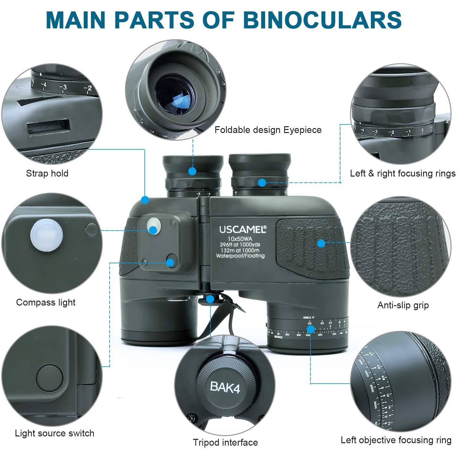 USCAMEL 10x50 Marine Military Binoculars for Adults, Waterproof Binoculars with Rangefinder Compass BAK4 Prism FMC Lens for B