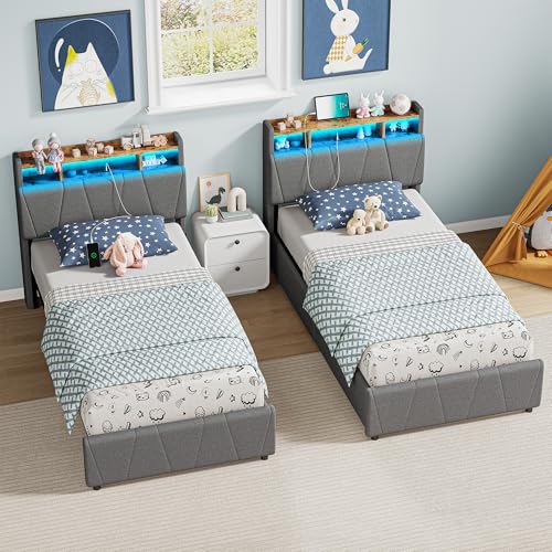 LIKIMIO Twin Bed Frame with 2 Storage Drawers, Charging Station & LED Lights, Upholstered Platform Twin Bed with Storage Headboard