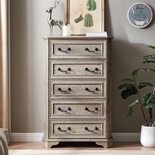 T4TREAM Farmhouse 5 Drawers Dresser for Bedroom, 48" Tall Wood Rustic Chest of Drawers with Natural Texture, Vintage Design