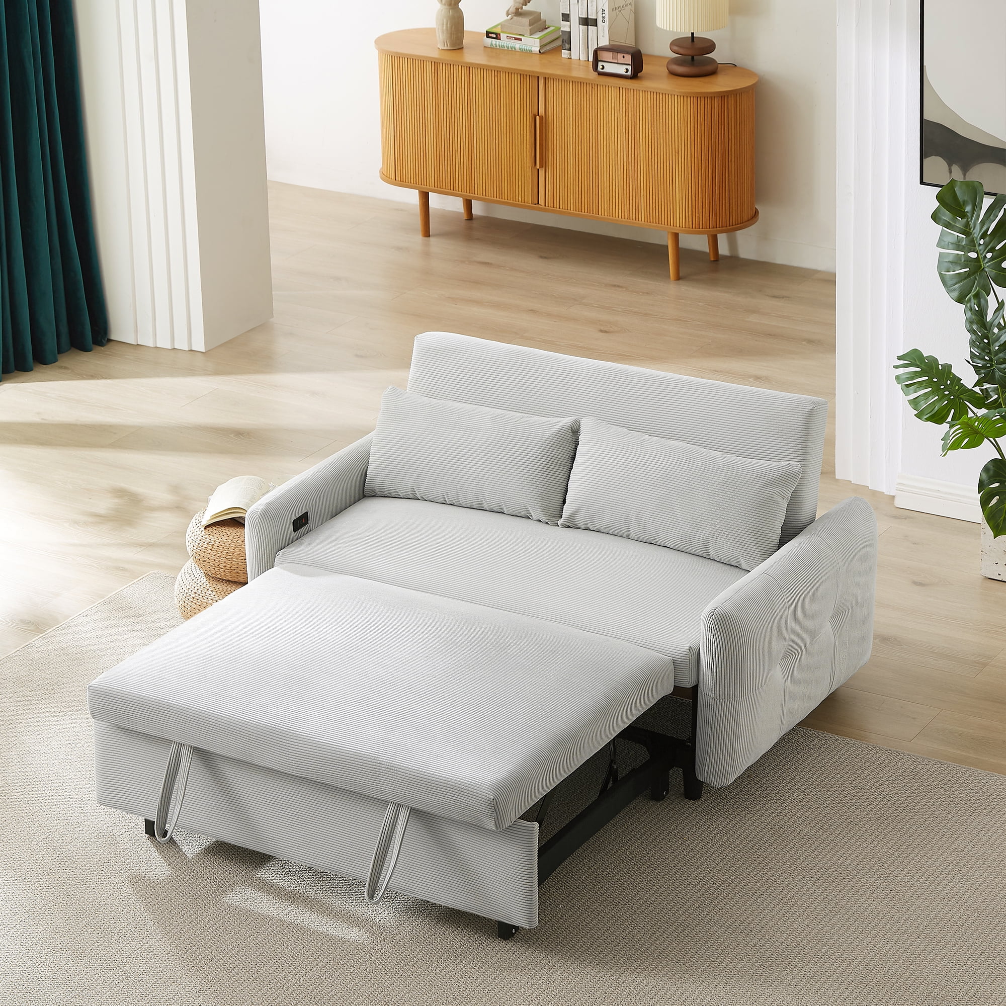 EUROCO 57.48" 3-in-1 Pull-out Convertible Sofa Bed Foldable Sleeper Corduroy Sofa Fabric Loveseat with 2 Throw Pillows