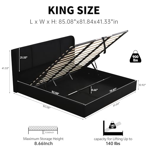 VELOCAVA Queen Size Lift Up Storage Bed with Modern Wingback Headboard, Upholstered Platform Bed with Fabric with Hydraulic Support Bars