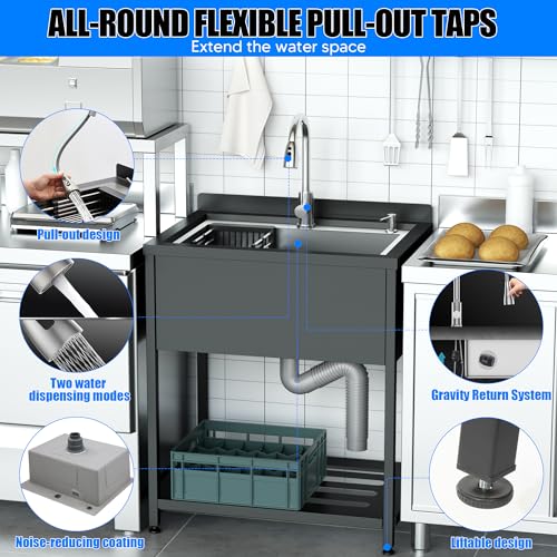 Stainless Steel Utility Sink, 36.6" × 24.2" × 36.6"Freestanding Sink with Cold and Hot Water Faucet,Hoses and Drain Kit for Kitchens, Bathrooms