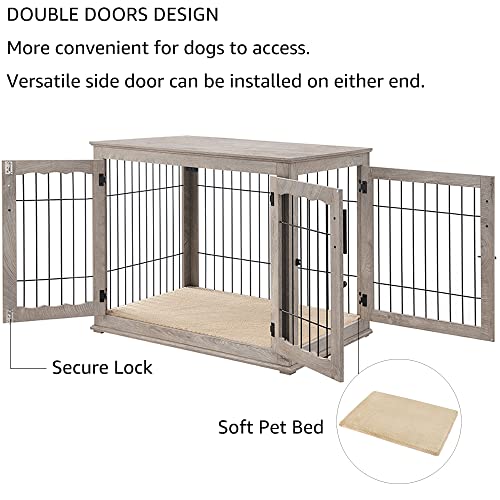 beeNbkks Furniture Style Dog Crate End Table, Double Doors Wooden Wire Dog Kennel with Pet Bed, Decorative Pet Crate Dog House Indoor Medium Large