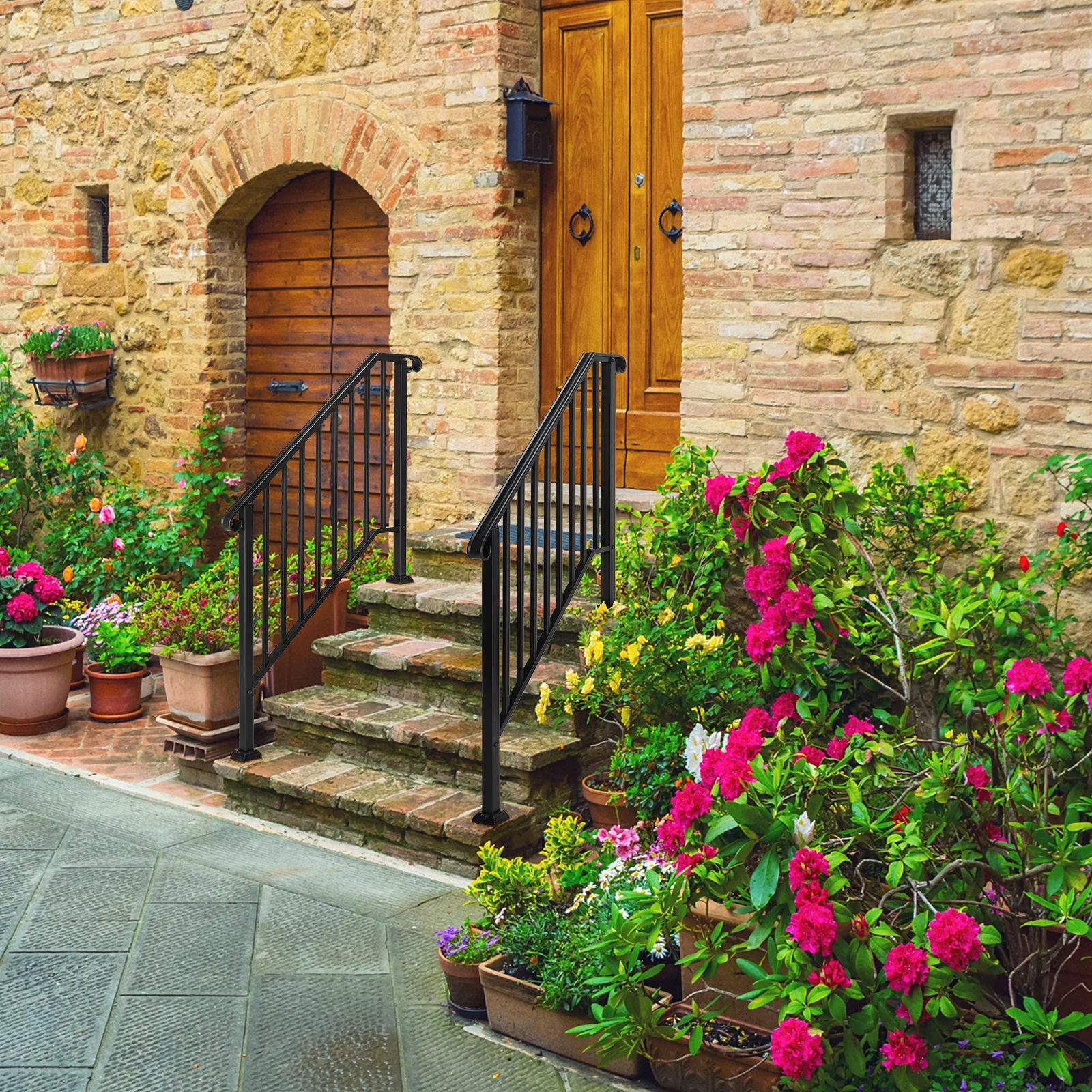 4 Step Handrails for Outdoor Steps, Fit 3 or 4 Steps Outdoor Stair Railing for Concrete Steps, White Wrought Iron Railing