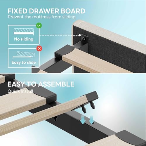 LIKIMIO Twin Bed Frame with 2 Storage Drawers, Charging Station & LED Lights, Upholstered Platform Twin Bed with Storage Headboard