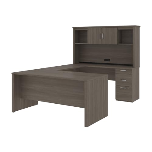 Bestar Logan 66W U or L-Shaped Executive Office Desk with Pedestal and Hutch in Bark Grey, Table Workstation for Personal Home Workspace