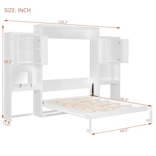 Queen Size Farmhouse Murphy Bed Cabinet with Charging Station, Foldable Platform Bed Frame with 2 Storage Drawers