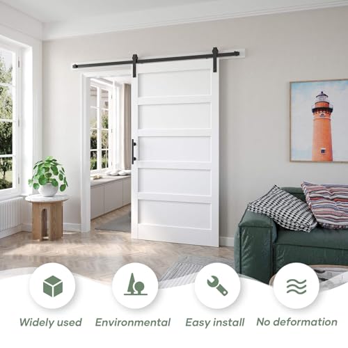 Fredbeck Double 21inx84in White Barn Door and 7FT Sliding Barn Door Hardware Kit Included,Solid,MDF, PVC Surface,DIY Assembly,5-Panel