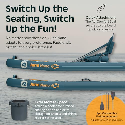 Retrospec June Nano Kids Inflatable Fishing Paddle Board SUP Kayak: 9'6" Hybrid Paddleboard with Rod Holders, Removable Seat