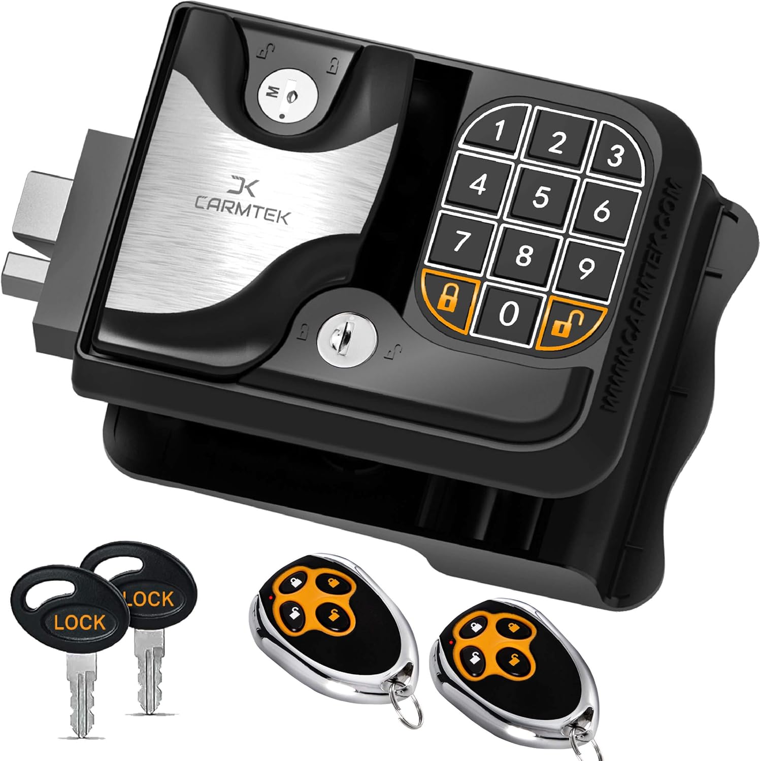 Carmtek - RV Keyless Entry Door Lock Latch Handle | 2022 RV Lock Keyless Entry | 100% Metal RV Door Lock with Backlit Keypad, 2 Fobs