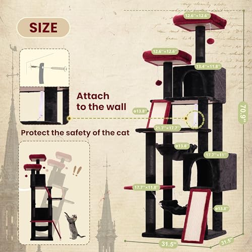 Cat Tree for Indoor Cats, 71'' (180cm) Multi-Level Cat Tower for Large Adult, Sturdy Cat Tree House with 2 Scratching Boards 7 Posts