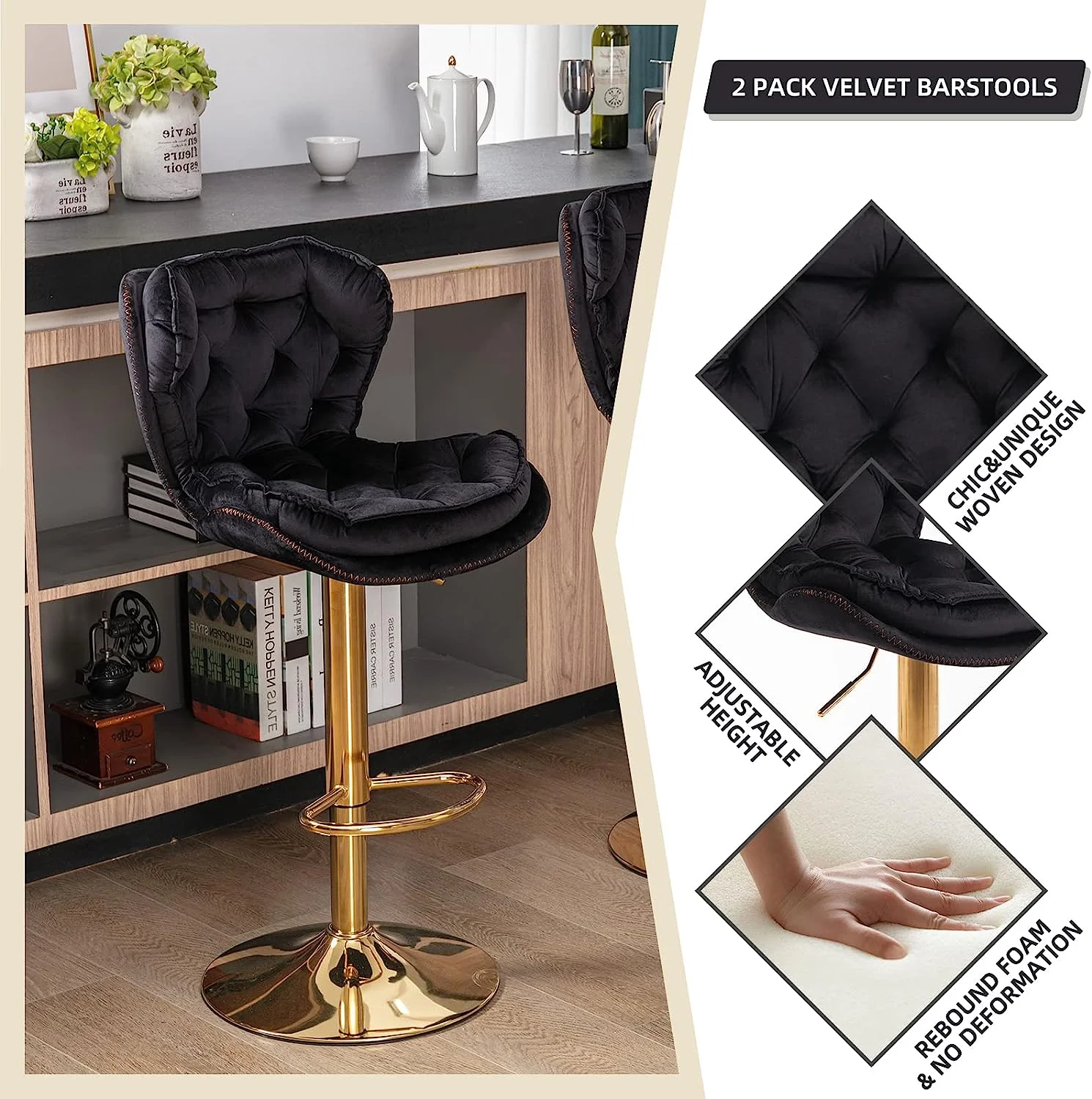SZLIZCCC Modern Swivel Pub Height Barstool, Velvet High Dining Chair, Counter Stool for Bar(Set of 2 Black) - Radiant Selections