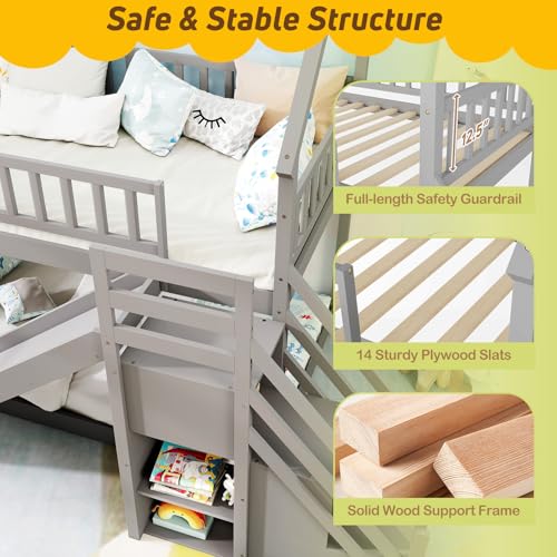 Giantex House Bunk Bed Twin Over Twin with Slide & Stairs, Wood Bunk Bed with Storage Shelves, No Box Spring Needed
