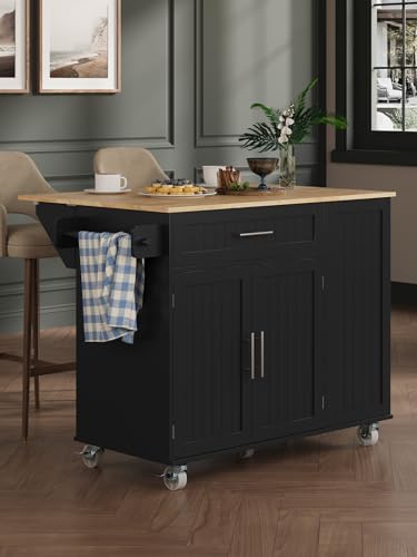 Kitchen Island with Storage, 31.5" D Rolling Kitchen Island Cart on Wheels with Widen Drop Leaf Rubberwood Top
