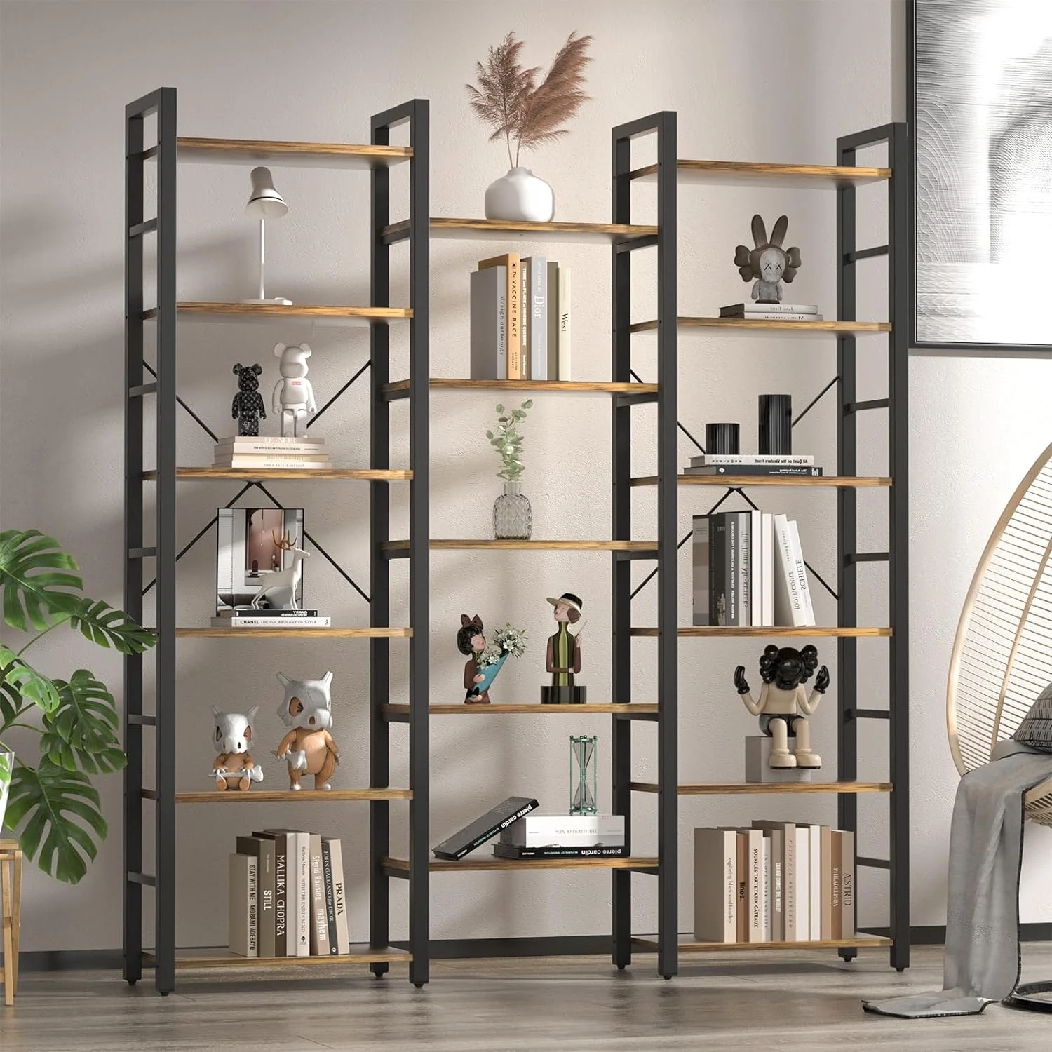 U-ToBe  Triple Wide 6-Shelf Bookcase Industrial Vintage Wood Style Large Open Bookshelves for Home&Office, Rustic Brown (6 Tier, Rustic Brown)