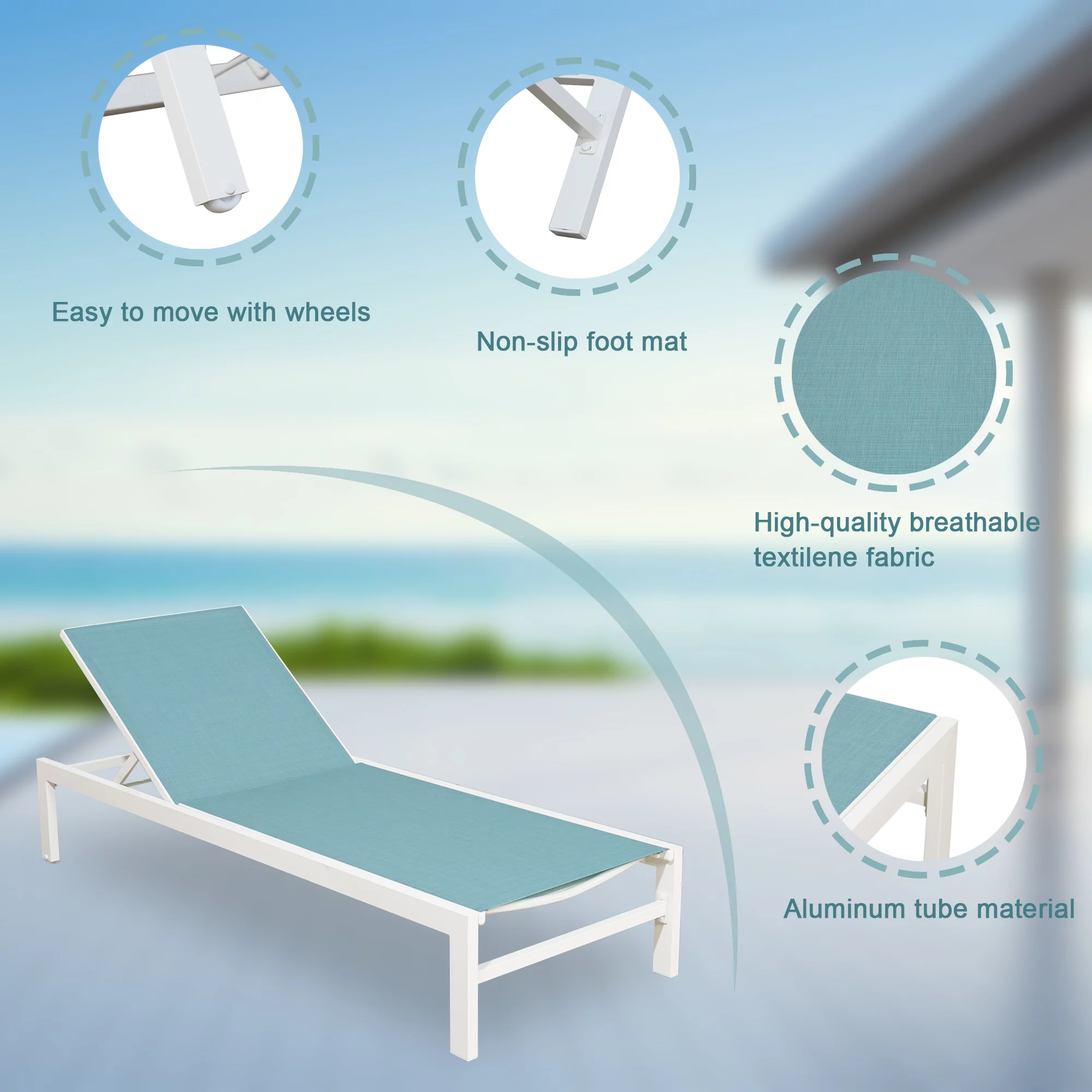 Ulax Furniture 2 Pieces Outdoor Aluminum Chaise Lounge Chairs Patio Sling Sun Recliner with Wheels (Turquoise)
