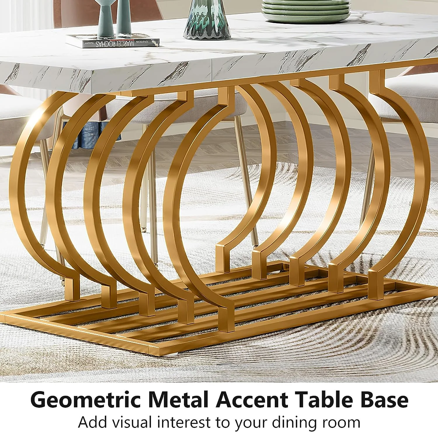 Tribesigns 63 inch Gold Dining Table, Rectangular Elegant Dinner Room Table Kitchen Table for 6-8 People Seats,Living Room, White & Gold