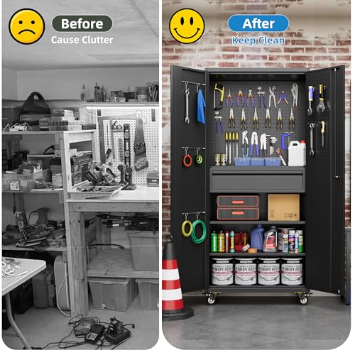 Garage Storage Cabinet with Wheels & Pegboard, 72" H Locking Metal Storage Cabinet with Doors and 4 Adjustable Shelves for Garage Workshop Home