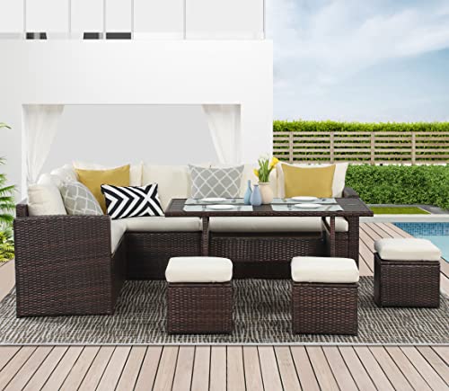 Wisteria Lane Outdoor Patio Furniture Set, 7 Piece Outdoor Dining Sectional Sofa with Dining Table and Chair