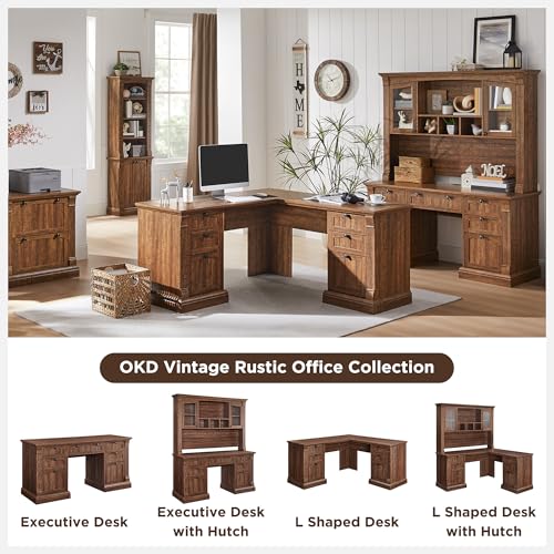 OKD 60" Executive Desk with Drawers, Farmhouse Home Office Desk with Charging Station, Keyboard Tray, File Cabinet Storage