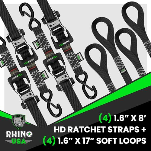 Rhino USA Ratchet Straps Heavy Duty Kit (4-Pack) - 1.6 Inch x 8 Feet (5,208lb Break Strength)