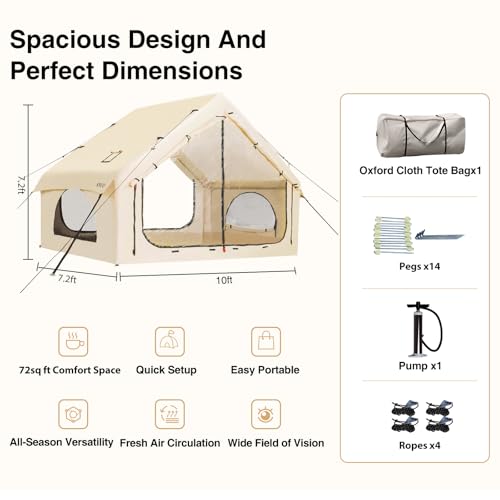 2025 Upgraded Waterproof Inflatable Camping Tent, Large Blow-Up Air Tent, No Assembly Needed Luxury Glamping House, Oxford Fabric