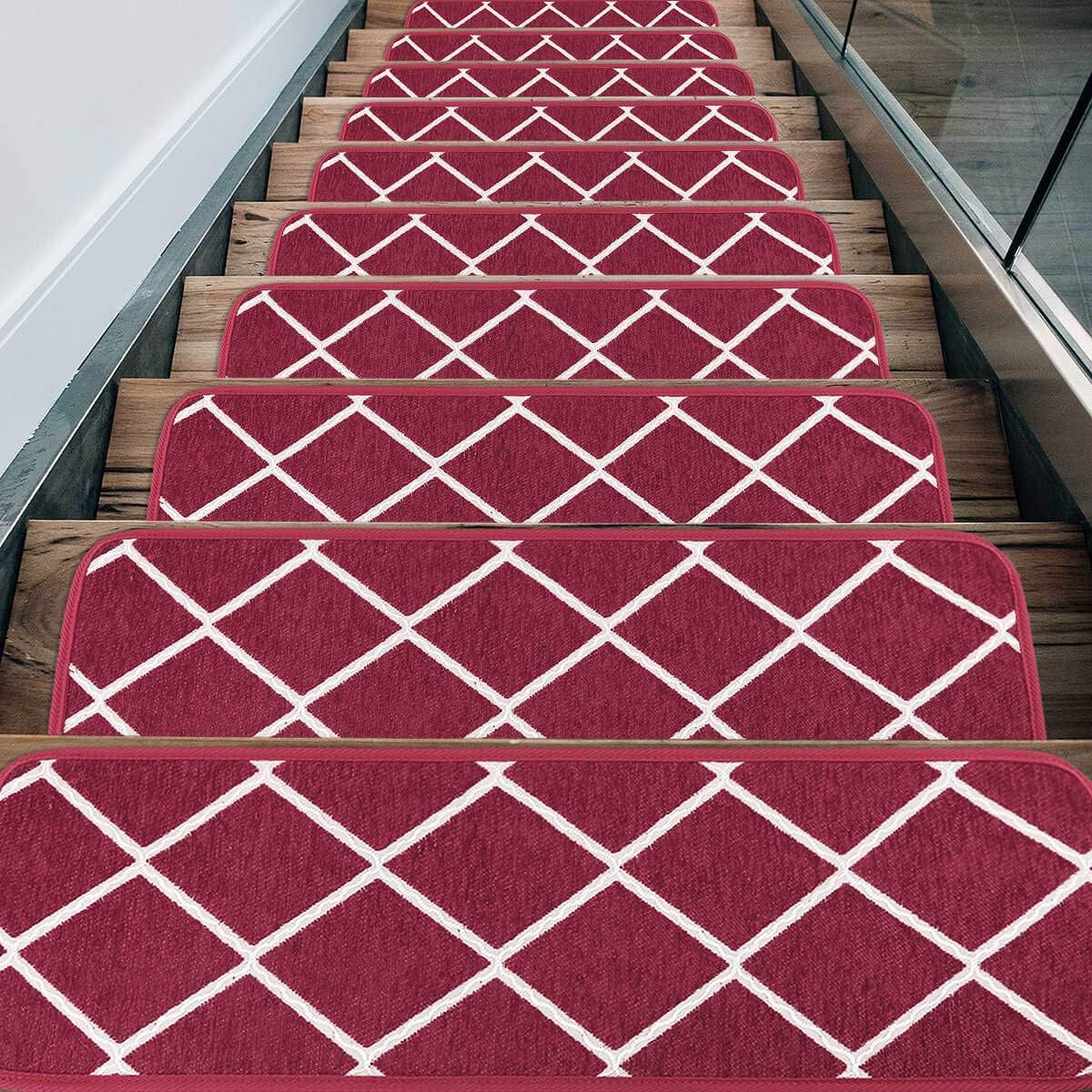 Seloom Blue Non-Slip Stair Treads Carpet with Skid Resistant Rubber Backing and Modern Moroccan Diamond Trellis Design for Indoor Wooden Steps
