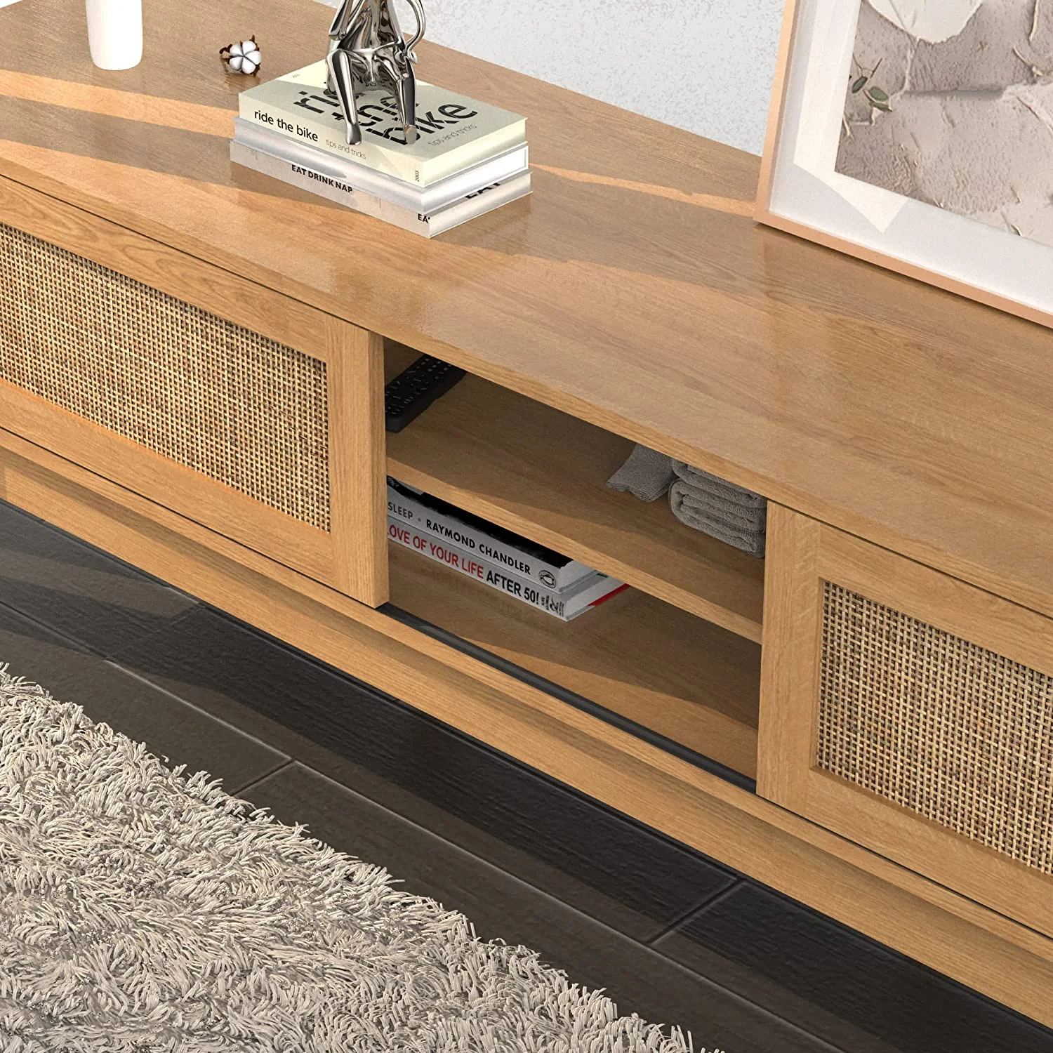 Popular TV Stand with Rattan Sliding Doors  Low Profile Television Stands for TVs up to 65 Inches TV  Modern Farmhouse Boho Home Media Console for
