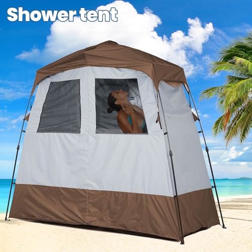 Camping Shower Tent Deluxe Changing Room Easy Set Up Privacy Shelter,Large Toilet Tent 2 Rooms with Floor Drain Design for Beach, Camping