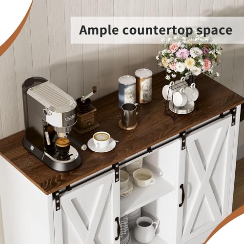 4 EVER WINNER Coffee Bar Cabinet with Sliding Barn Doors, 42” Sideboard Buffet Cabinet with Storage