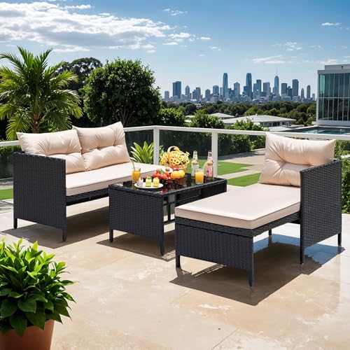 Devoko Outdoor Patio Furniture 3-Piece Rattan Waterproof Outdoor Sectional Sofa All-Weather L Shaped Patio Couch with Cushion Glass Table for Balcony